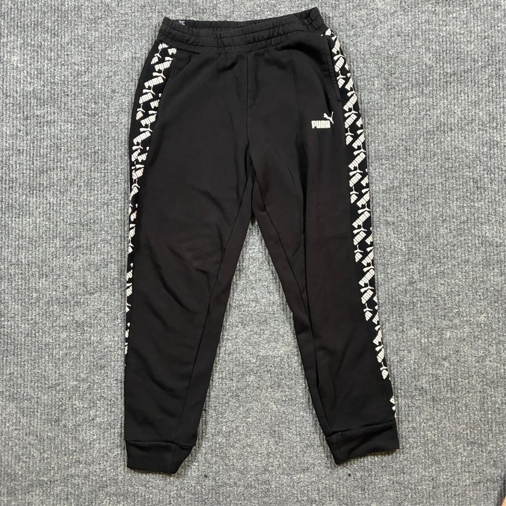 PUMA Womens Jogger Sweatpants Size‎ S Black Logo Striped Elastic Waist Athletic